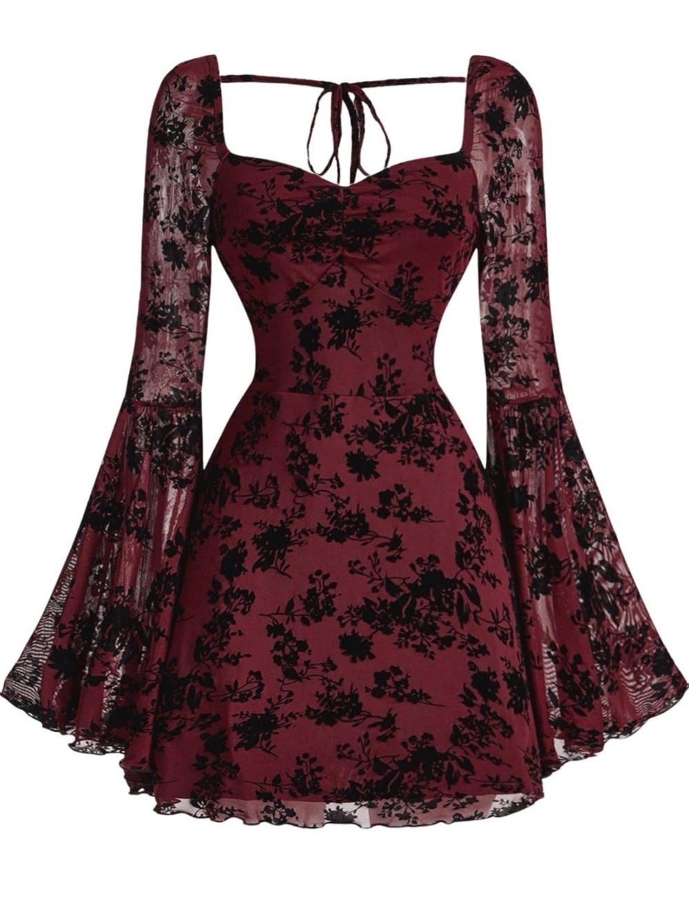 Women's Burgundy Floral Velvet Burnout Fit & Flare Dress